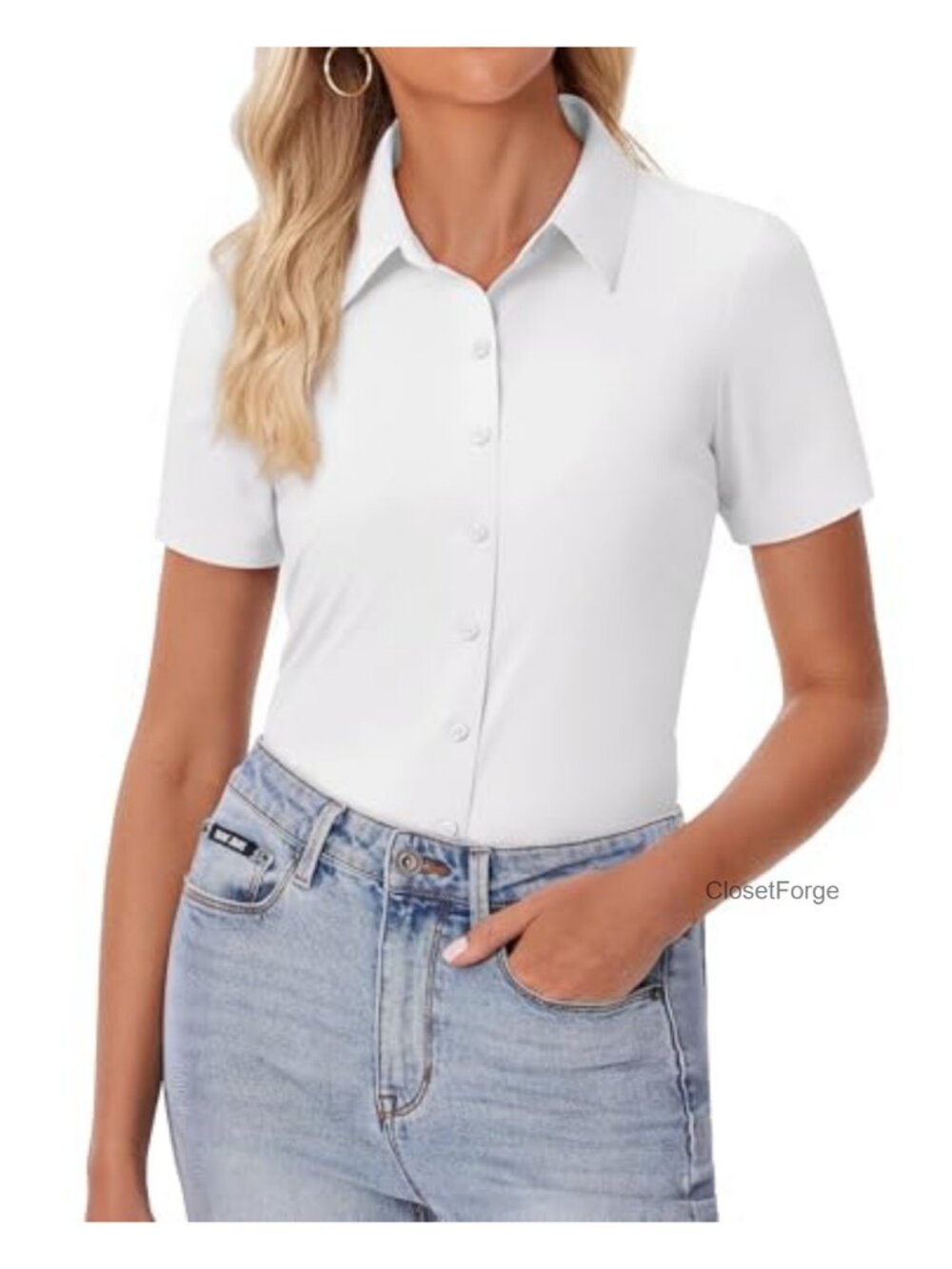Slim Fit Stretch Short Sleeve Button Down Shirt Business Work Blouse